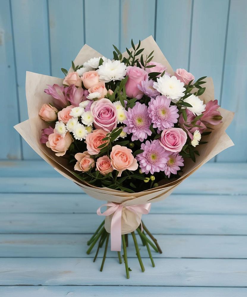 Букет цветов из: Хризантемы, Розы и Альстромерии в Кобяково