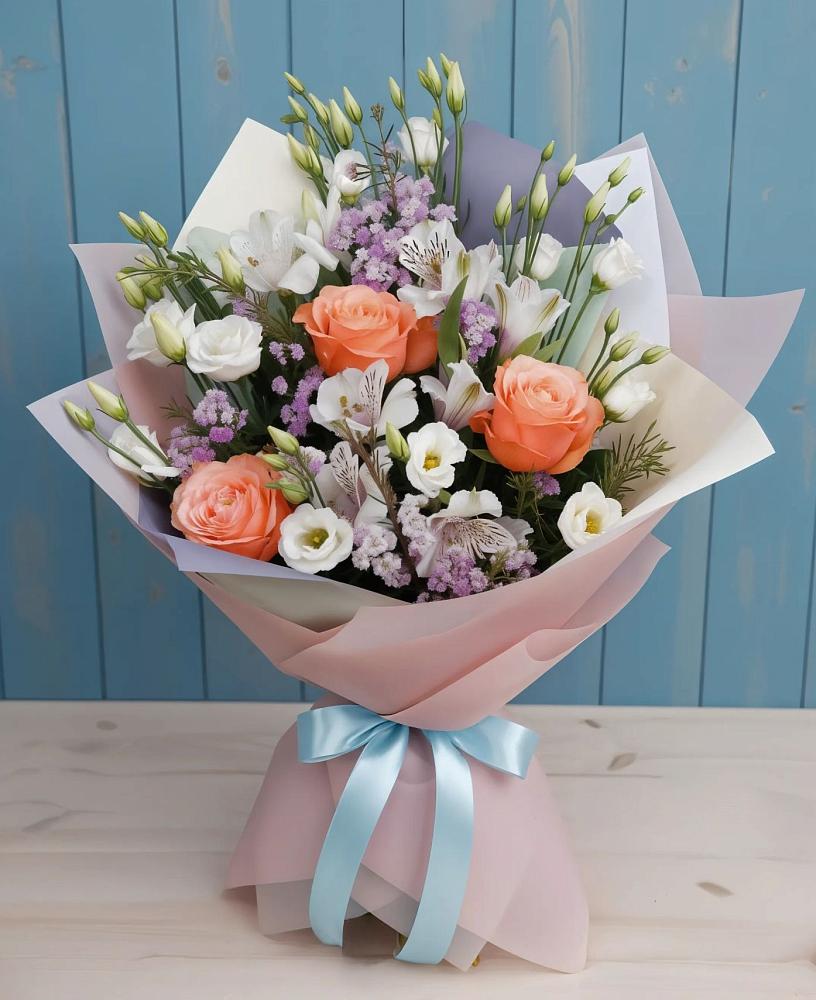 Букет цветов из: Лизиантусы, Розы, Альстромерии и Гипсофила в Кобяково