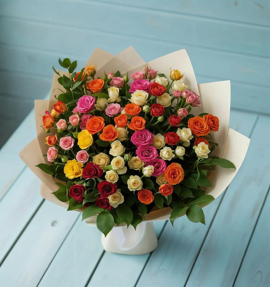 Букет Микс из разноцветных кустовых роз в Кобяково