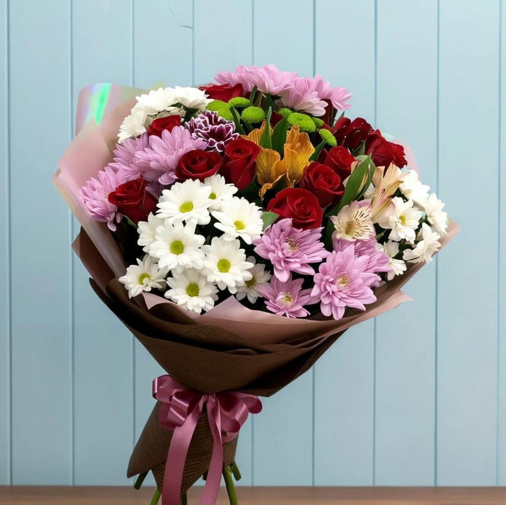 Букет цветов из: Розы, Хризантемы и Альстромерии в Кобяково