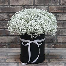 Цветочная композиция из Гипсофила в шляпной коробке в Кобяково